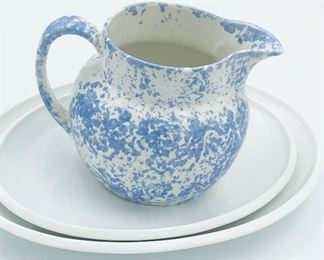 Blue sponged hand-made pitcher 6" high  $13. 2 white platters (sold) $10 pr. 