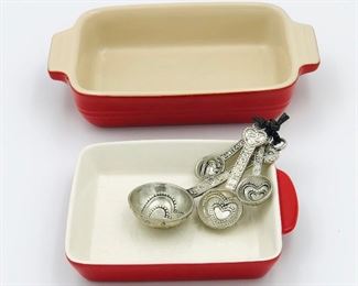 Small red baking dish $4. Heart measuring spoons $5 Le Creuset Medium red baking dish $18