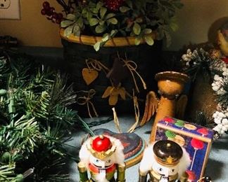 Ornaments $3 ea. Mini nutcrackers $5 ea. Basket with holiday greenery $15. Wooden angel $4. 