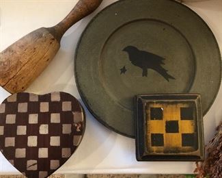 Folk art: Heart box 5" $3. Wooden square 4" $3. Wooden bird plate $5. Antique wooden masher $9