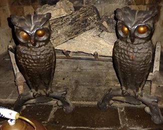 Two sets of owl andirons with glass eyes. Wow!!