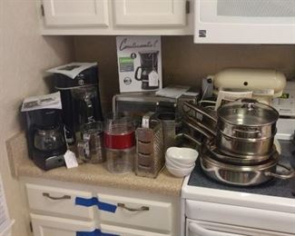 coffee maker, tea maker, Black and Decker toaster oven, and some cookware still available
