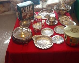 silverplate serving pieces, more under table
