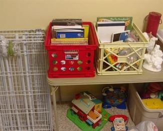 construction paper, note pads, notebooks, crayons, markers, toys, folding table