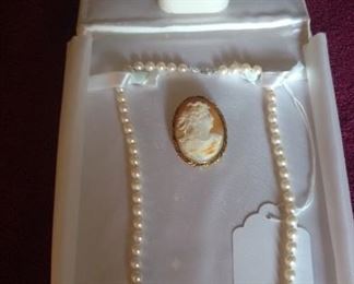 cultured pearls with 14K white gold clasp, gold over sterling ring, Cameo