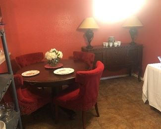 pier 1 dining table -1 leaf - 4 red chairs-great design features- will seat 6  