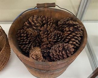 Old Primitive Wooden Bucket with Pine Cones