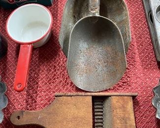 Primitive Grater/Red and White Enamelware Dipper