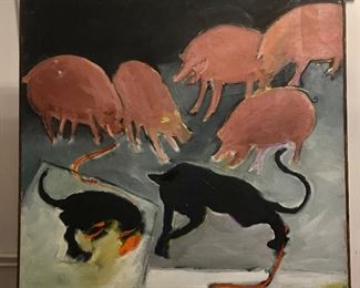 Signed Pat Kirksey "Pigs & Panthers/Animal Fight" DIMS: 27x18.5"