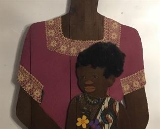 Signed Marie Johnson Calloway "Mother and Child" circa 1970's Wood, Fiber, Pigment DIMS: 46.5x23.3/4"