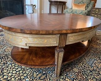 Theodore Alexander burl wood and gold mirror trim oval coffee table with pull out drawers