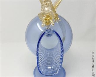 #1: Murano Venetian Glass Footed Decanter with Golden Dragon. Free of chips and cracks. 13' long, 12" tall, 4" wide. Signed Davide Fuin $695