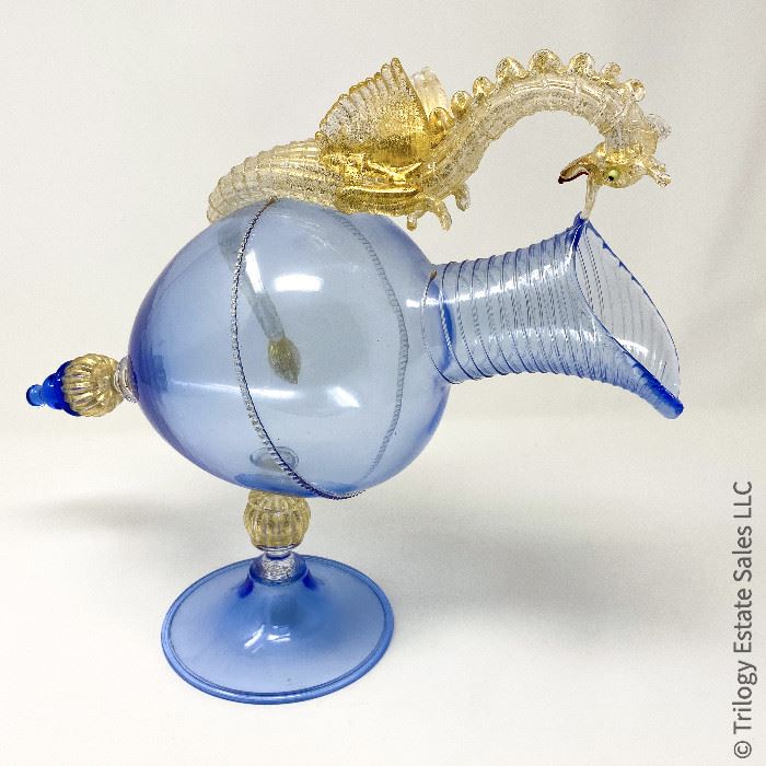 #1: Murano Venetian Glass Footed Decanter with Golden Dragon. Free of chips and cracks. 13' long, 12" tall, 4" wide. Signed Davide Fuin $695
