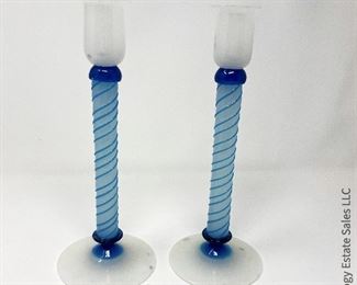 #4 Pair Venetian frosted blue swirl candlesticks. Dark spots are wax drips. 4" x 10" $150