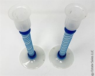 #4 Pair Venetian frosted blue swirl candlesticks. Dark spots are wax drips. 4" x 10" $150