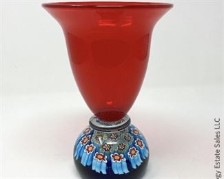 #7 Murano Red Glass Vase with millefiore base, unsigned. 5" x 7.5"   $145