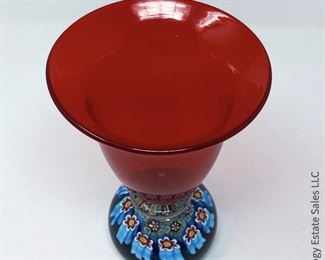 #7 Murano Red Glass Vase with millefiore base, unsigned. 5" x 7.5"   $145