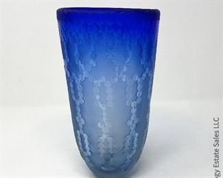 #11 Cobalt etched studio art glass vase, signed RL Gardner. 5" x 8.5"  $80