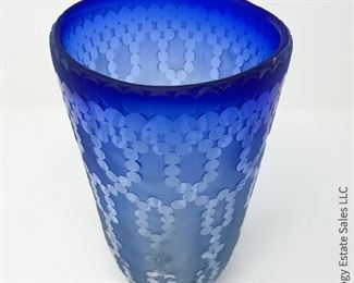 #11 Cobalt etched studio art glass vase, signed RL Gardner. 5" x 8.5"  $80
