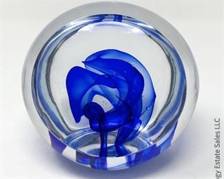 #14 Robert Deeble Signed Paper Weight. Flat face and bottom, cobalt & clear. 3.5" x 3.5"  $125
