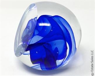 #14 Robert Deeble Signed Paper Weight. Flat face and bottom, cobalt & clear. 3.5" x 3.5"  $125