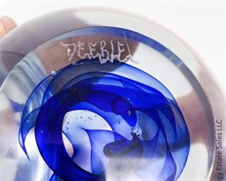 #14 Robert Deeble Signed Paper Weight. Flat face and bottom, cobalt & clear. 3.5" x 3.5"  $125