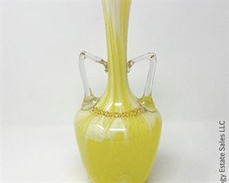 #16 Yellow Swirls Art Glass Amphora with Enamel decoration. 5" x 12" $55