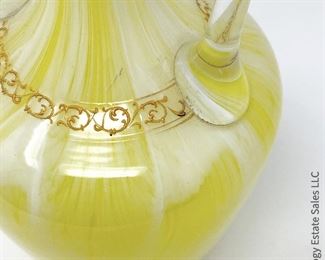 #16 Yellow Swirls Art Glass Amphora with Enamel decoration. 5" x 12" $55