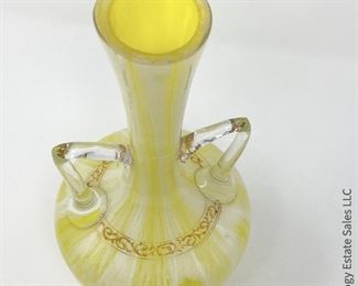 #16 Yellow Swirls Art Glass Amphora with Enamel decoration. 5" x 12" $55