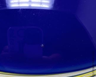 #23 Cobalt and Yellow Sphere Vase. 9" x 9" Signed illegibly, but I believe the initials are MVG. The piece clearly matches the next piece, #23a, which is signed only MVG. Probably Martha's Vineyard Glassworks. $165