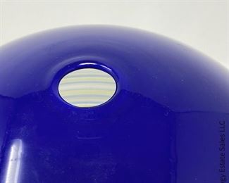 #23 Cobalt and Yellow Sphere Vase. 9" x 9" Signed illegibly, but I believe the initials are MVG. The piece clearly matches the next piece, #23a, which is signed only MVG. Probably Martha's Vineyard Glassworks. $165