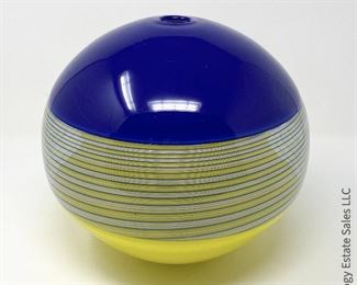#23 Cobalt and Yellow Sphere Vase. 9" x 9" Signed illegibly, but I believe the initials are MVG. The piece clearly matches the next piece, #23a, which is signed only MVG. Probably Martha's Vineyard Glassworks. $165
