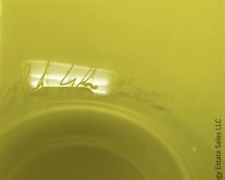 #23 Cobalt and Yellow Sphere Vase. 9" x 9" Signed illegibly, but I believe the initials are MVG. The piece clearly matches the next piece, #23a, which is signed only MVG. Probably Martha's Vineyard Glassworks. $165