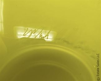 #23 Cobalt and Yellow Sphere Vase. 9" x 9" Signed illegibly, but I believe the initials are MVG. The piece clearly matches the next piece, #23a, which is signed only MVG. Probably Martha's Vineyard Glassworks. $165