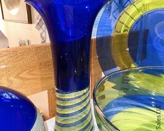 #23a Cobalt and Yellow Vase. 13" tall, 7" diameter at top lip. Signed only MVG. Probably Martha's Vineyard Glassworks. $165