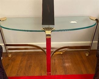 BRASS AND BEVELED GLASS DEMI LUNE TABLE