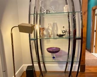 PAIR OF GLASS AND STEEL DISPLAY SHELVES