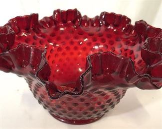 FENTON Cranberry Ruffled Top Hobnail Glass Bowl
