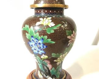 Vintage Asian Cloisonne Urn W Wooden Stand