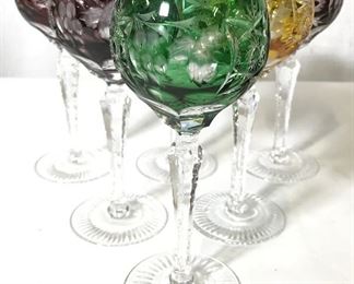 Set 6 Bohemian Art Glass Cut Crystal Goblets