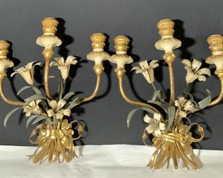Pair Antique Gilt Metal Tole Wall Sconces, Italy