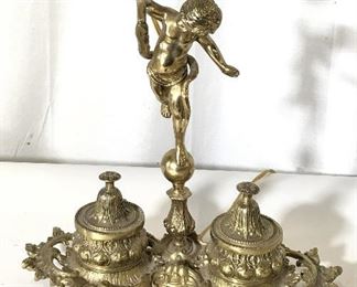 Vintage Brass Toleware Ornate Inkwell Lamp
