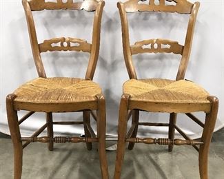 Vintage Carved Wooden Rush Seat Side Chairs