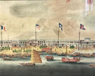 Signed Chinese Watercolor Painting Dock Yard