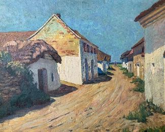 K LAUTENBERG Signed Town Scene Oil Painting 1920