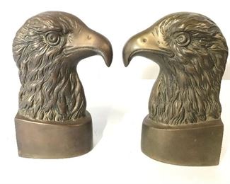 Pair Vintage Gold Toned Brass Eagle Head Bookends