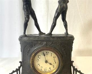 Antique Metal Clock W Boxer Figurals