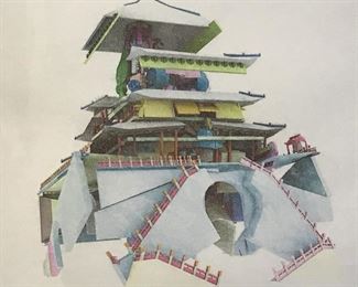 WANG JIYU Lithograph, Asian Pagoda Architecture