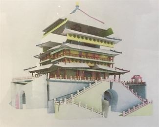 WANG JIYU Signed Ltd Ed Lithograph, Asian pagoda