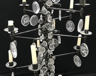 Metal Chandelier W Candlesticks & Glass Ornaments